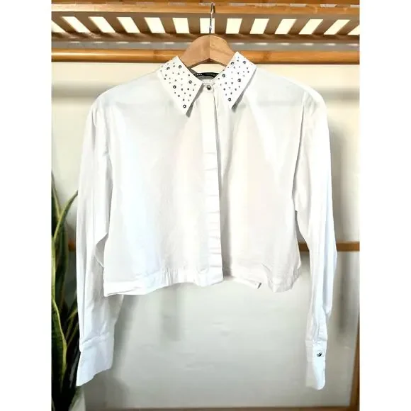 Zara Cropped White Embellished Collar Button Front Top - Picture 1 of 8